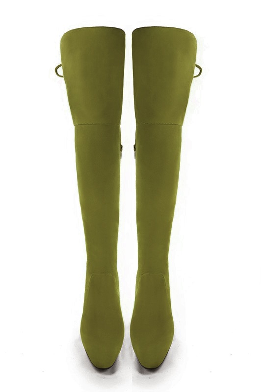 Pistachio green women's leather thigh-high boots. Round toe. Medium block heels. Made to measure. Top view - Florence KOOIJMAN